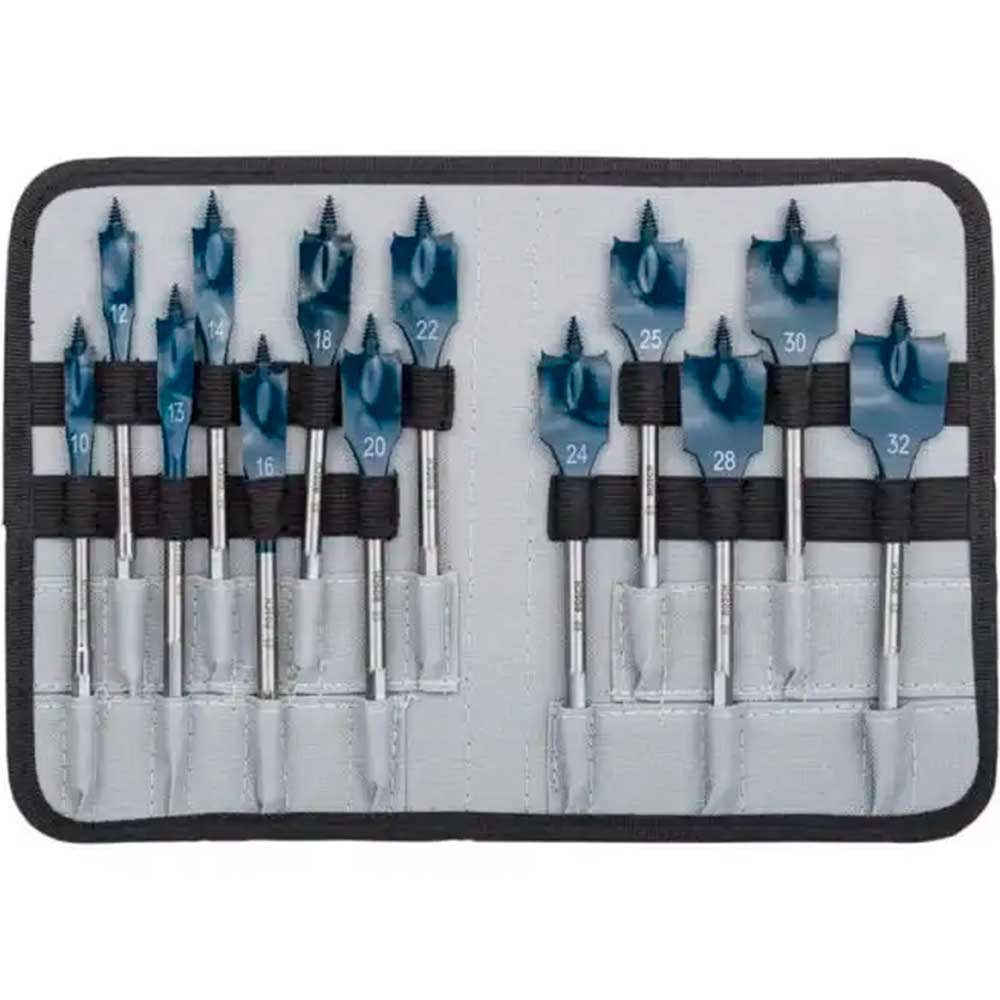 Kit Brocas Chatas Encaixe 1/4 POL p/ Madeira Estojo 13 Peças 10-32 MM X 152 MM BOSCH