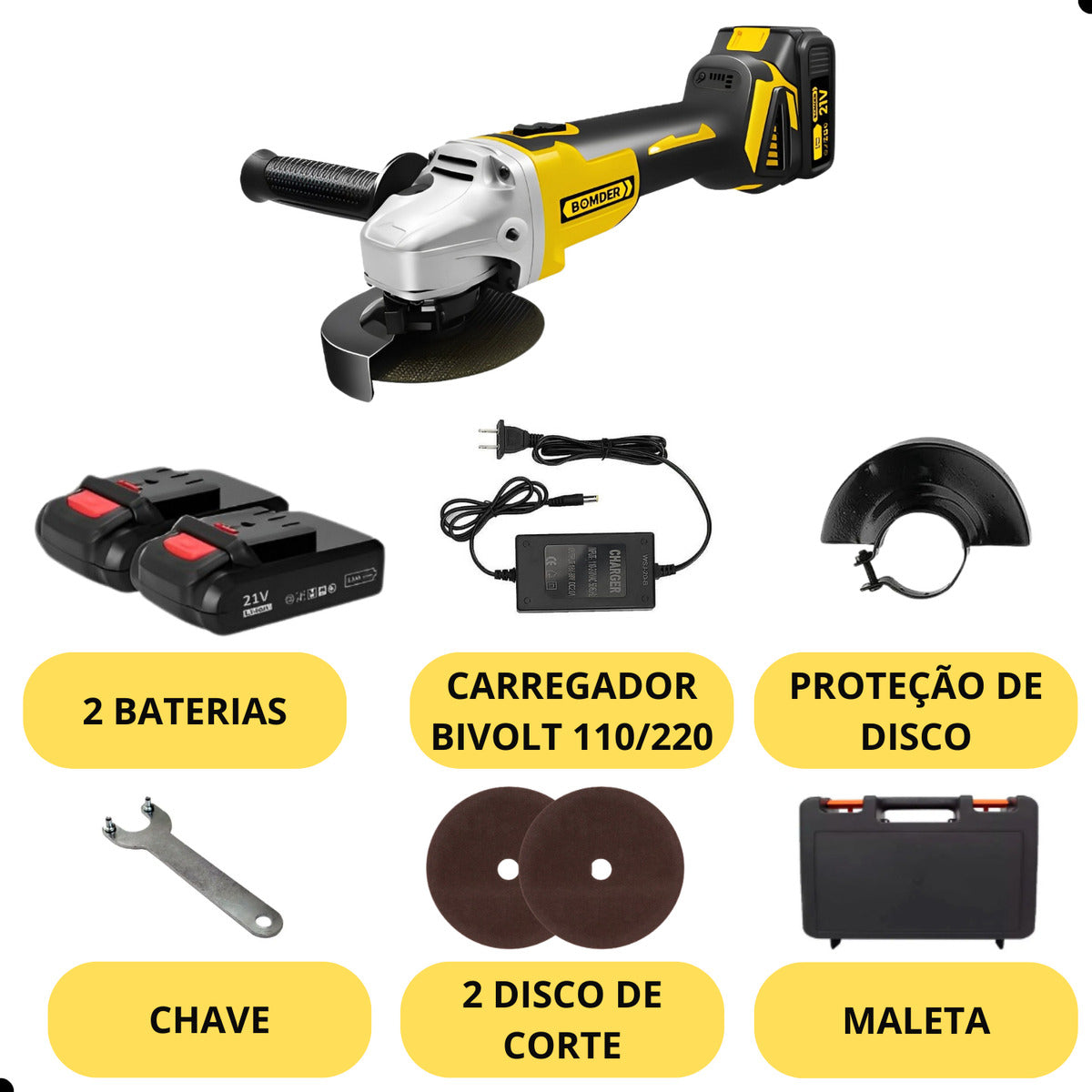 Lixadeira Esmerilhadeira 2 Baterias Angular Recarregável 21v Com Maleta e Acessórios